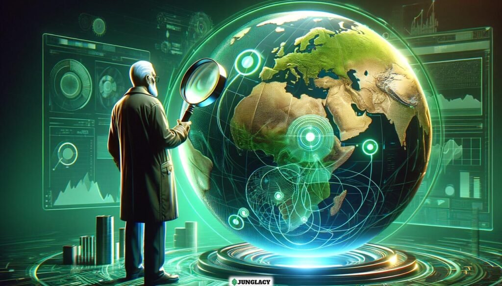 Una rappresentazione di George Soros in piedi su un mappamondo gigante, con una lente d'ingrandimento, simboleggiando la sua analisi dei mercati globali.
