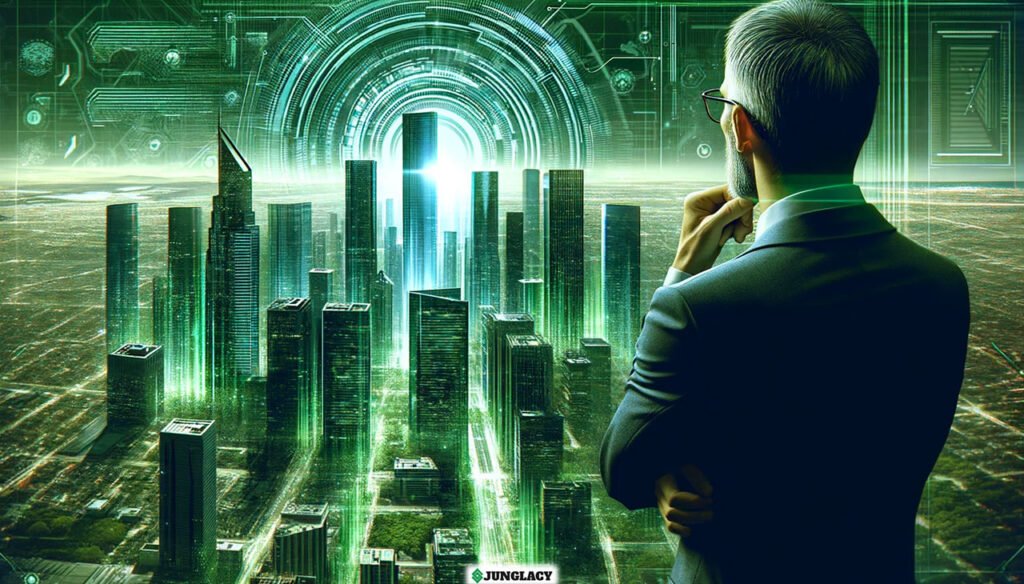 Un imprenditore che guarda da un grattacielo una città in rapida espansione in stile cyberpunk, simboleggiando visione e ambizione in un business scalabile.