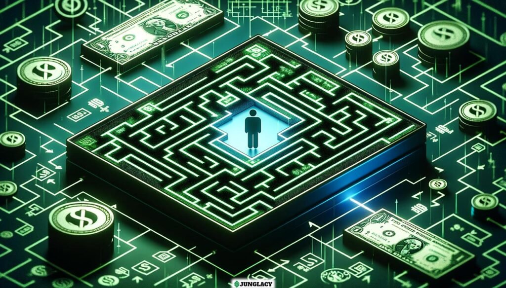 Una rappresentazione grafica di un labirinto, con una persona al centro, circondata da simboli di denaro, che riflette il concetto di decisioni complesse in economia.