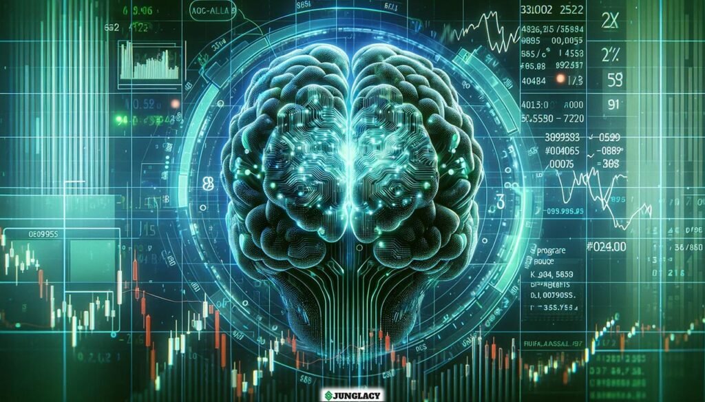Un algoritmo di intelligenza artificiale rappresentato come un cervello digitale, circondato da numeri e grafici finanziari, simboleggiando l'analisi avanzata del program trading.
