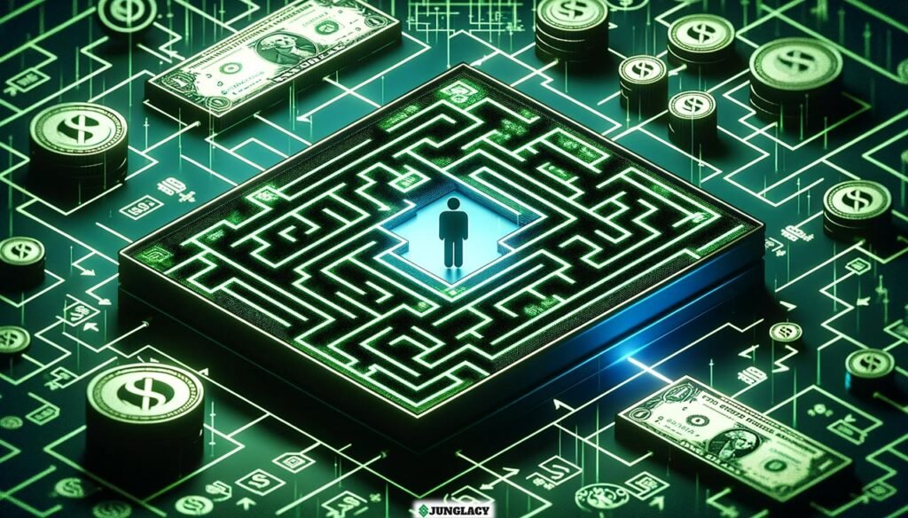 Una persona all'interno di un labirinto con banconote e monete ai lati, rappresentante la difficoltà di scegliere un buon piano finanziario.