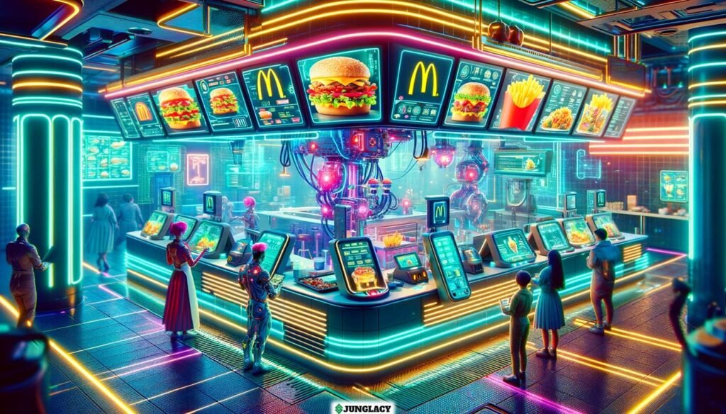 Un McDonald in uno scenario cyberpunk in un periodo di inflazione stabile.