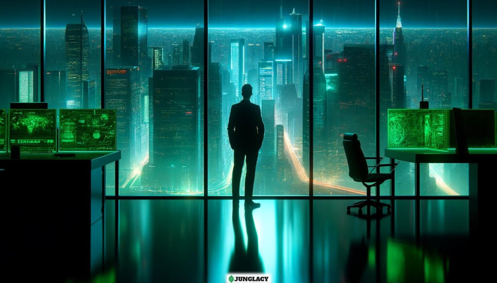 Un investitore qualificato che contempla una vista serale della città da un ufficio in cima a un grattacielo, simboleggiando la riflessione sulle future mosse finanziarie.

